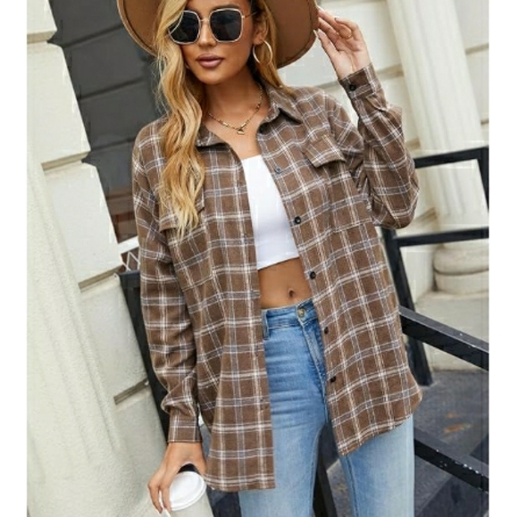 Button Down Flannel Plaid Shacket Long Sleeve Collared shirt Khaki - Picture 3 of 6